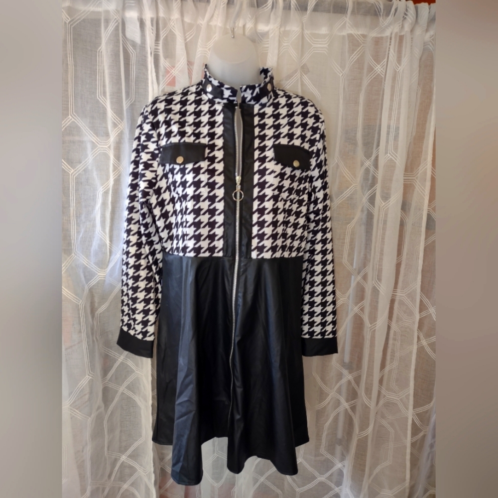 Allegra K Black and White Hounds Tooth Zip A Line Cocktail Dress
